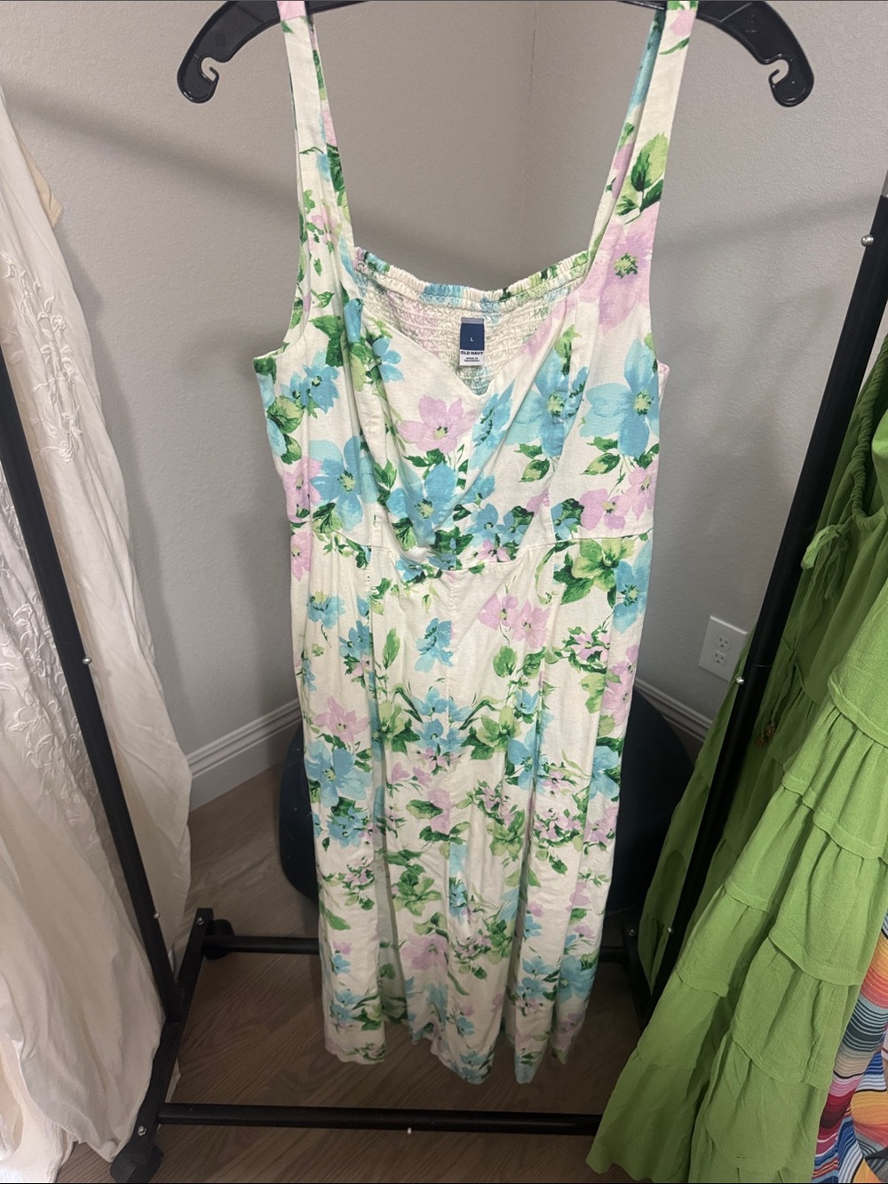 Old Navy White Midi Dress with Blue, Pink & Green Floral Print